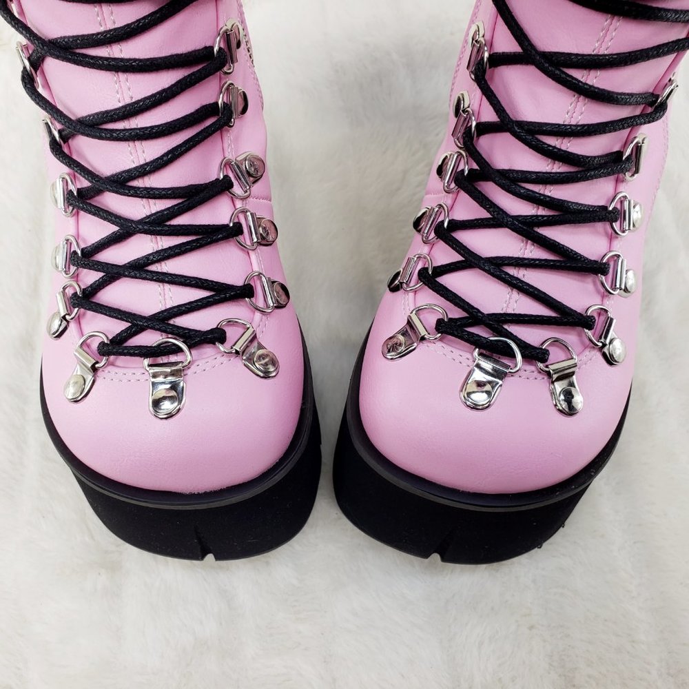 Goth 4 1/2" Platform  Faux Lace-Up Ankle Boot in Pink - Picture 11 of 12